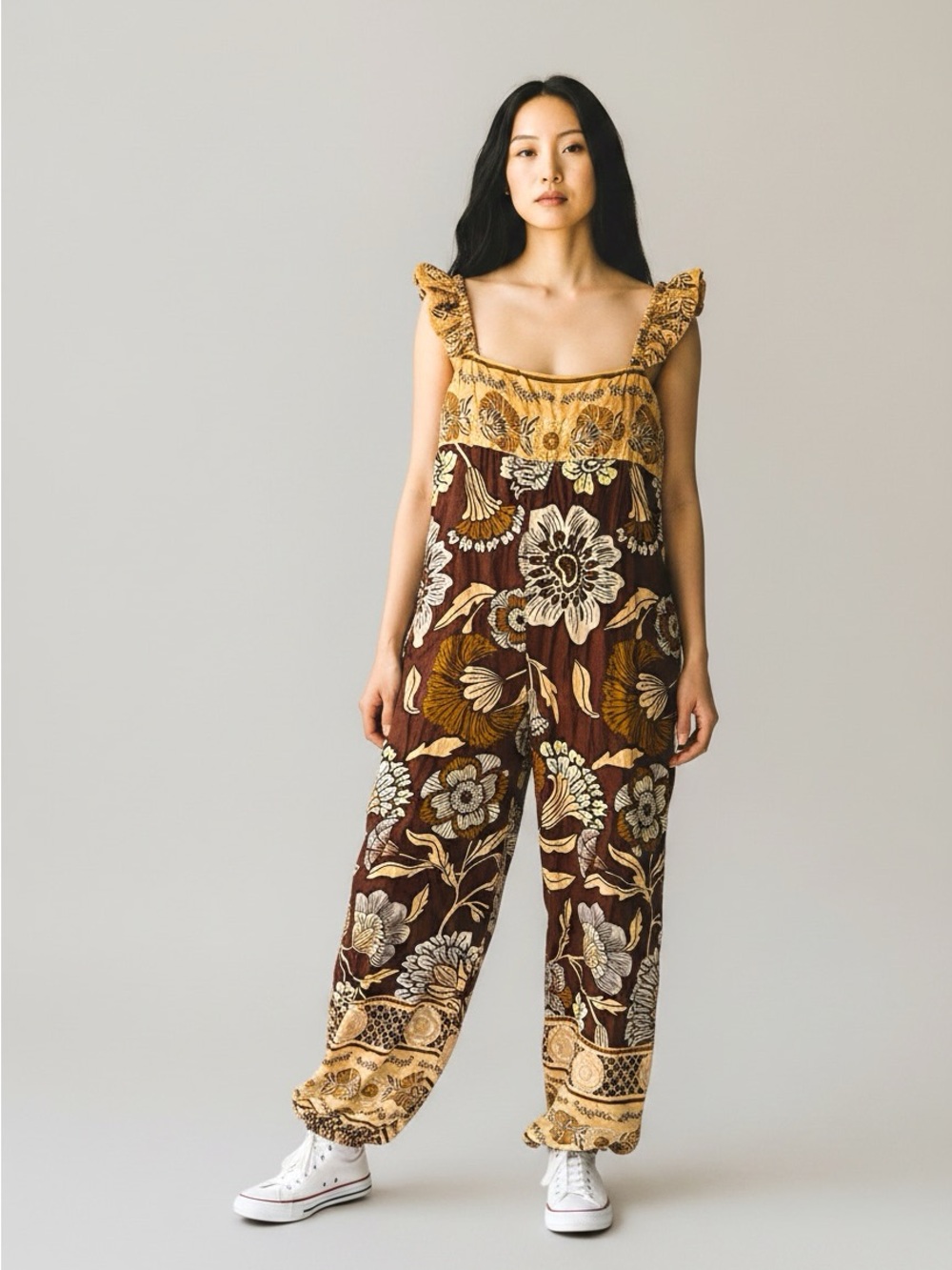 Free People FP One All Mine Floral Wide Leg Jumpsuit Brown Boho Open Back NWT S